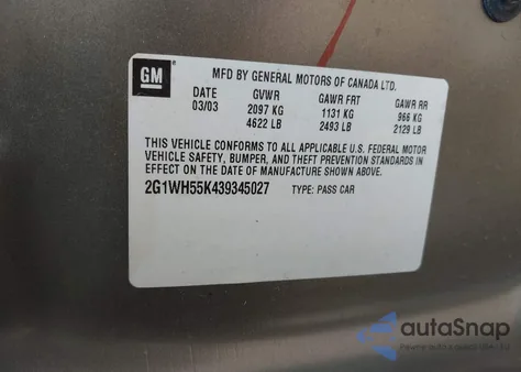 2003 Chevrolet Impala Ls z USA, uszkodzony, nr VIN 2G1WH55K439345027